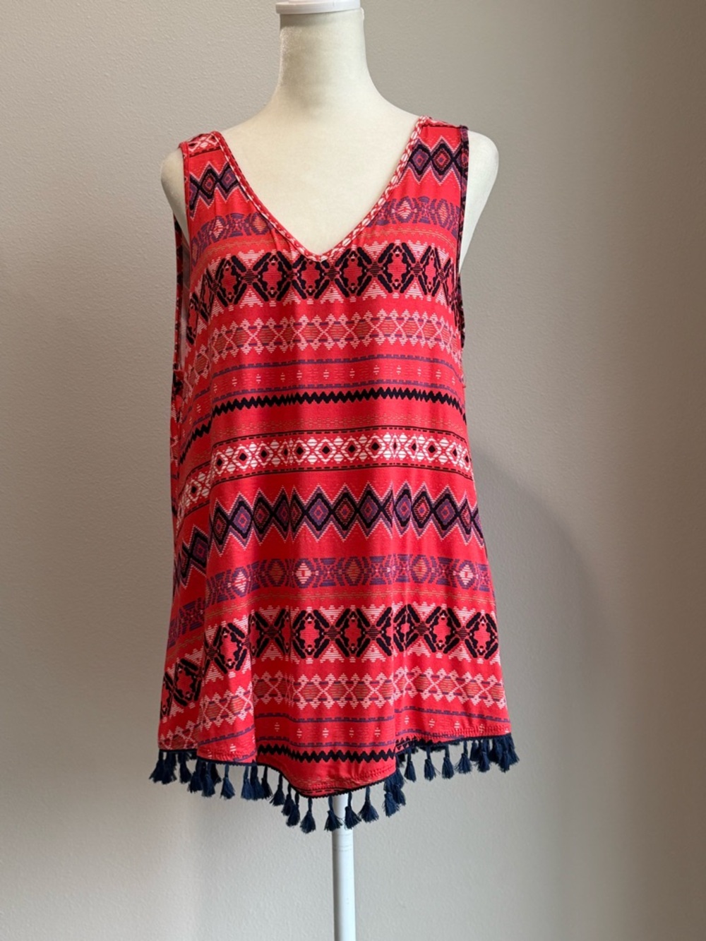Tribal Red Patterned Tassel Hem Sleeveless Top